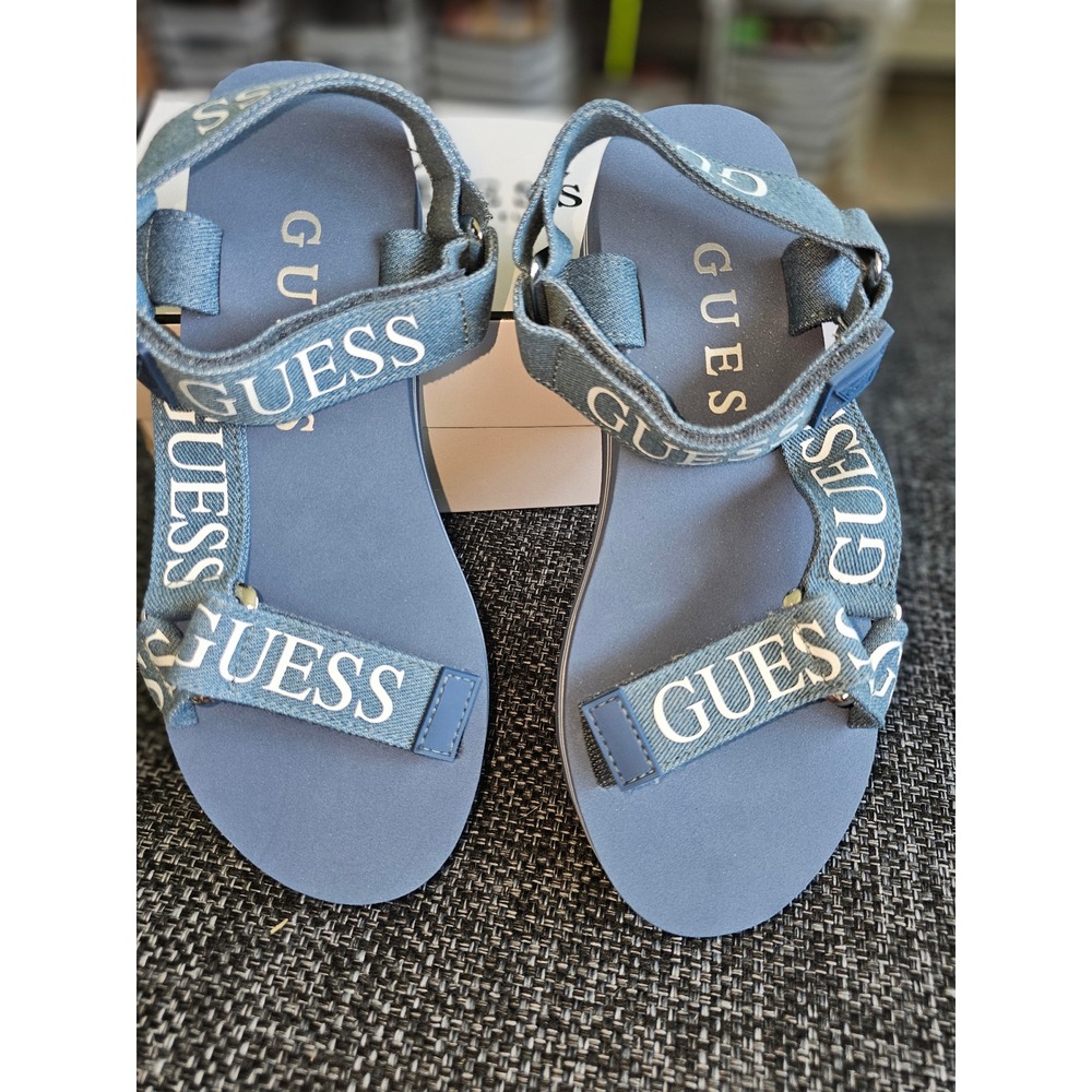 Guess AVIN3 Platform Sandals Womens 7 Medium Blue New Denim Logo Straps
